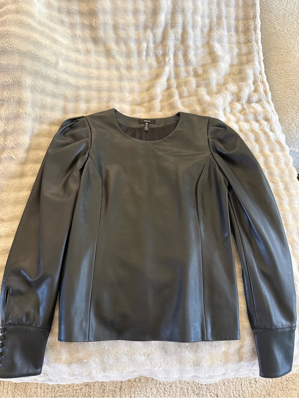 Aqua Black Faux Leather Puff-Sleeve Long Sleeve Top